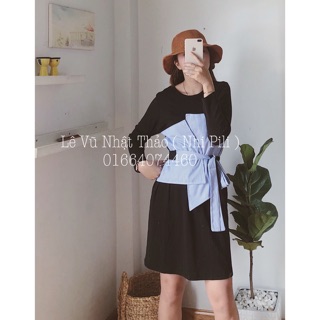 Đầm thun đen phối sơ mi