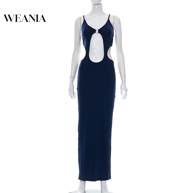 Đầm dự tiệc WEANIA dáng dài hở lưng phối vòng nhẫn thời trang cho nữ