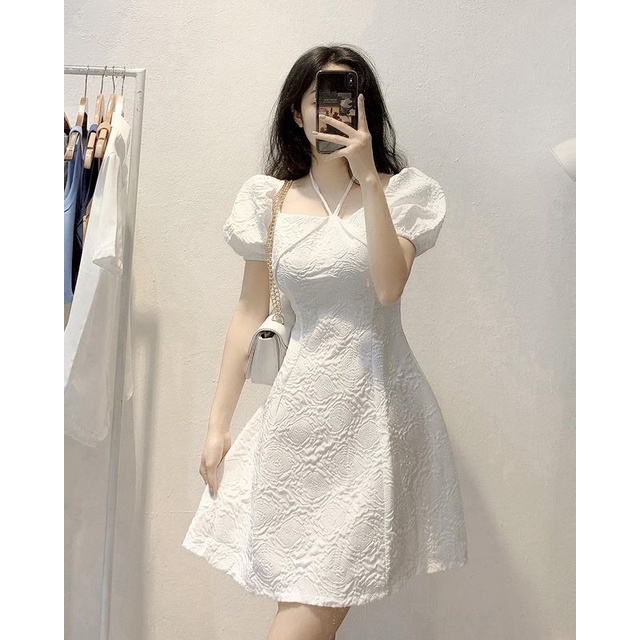 Đầm nữ chất xốp, 2 màu trắng be vải mềm mại nhẹ nhàng mặc siêu thích