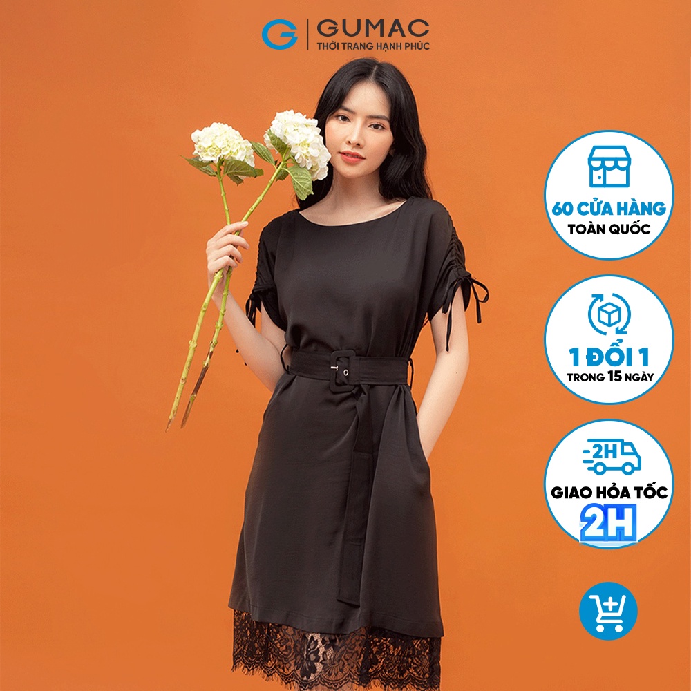 Đầm suông nữ màu đen phối ren phụ kiện GUMAC DB562