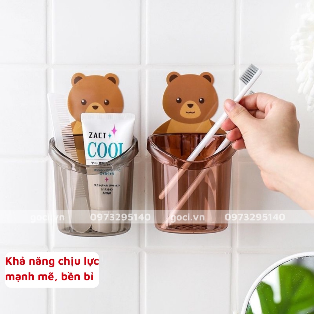 Cốc đựng bàn chải đánh răng hình gấu dán tường đồ dùng trong phòng tắm cho bé có lỗ thoát nước đa năng tiện lợi