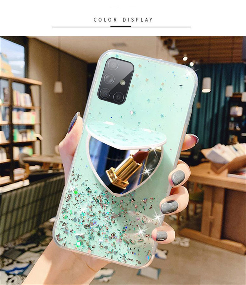 Ốp điện thoại kim tuyến ngôi sao lấp lánh có gương giá đỡ Hình Trái Tim Xinh Xắn cho Samsung Galaxy A22 A42 A52s A12 A11 A31 A51 A71 A20 A30 A21S A02S A20S A30S A50S