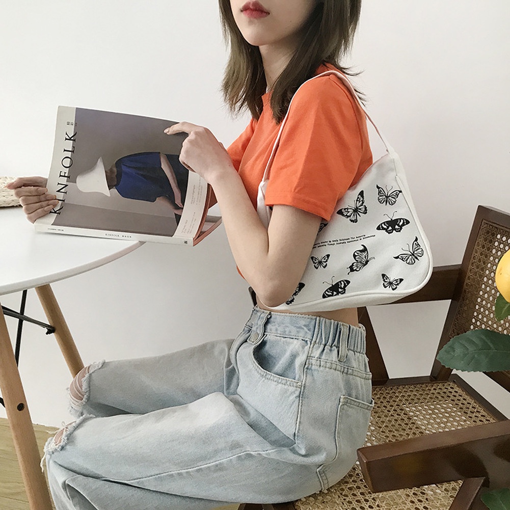 Túi Xách Vải Canvas Có Khóa Kéo In Hình Bướm Thời Trang Mùa Xuân Cho Nữ