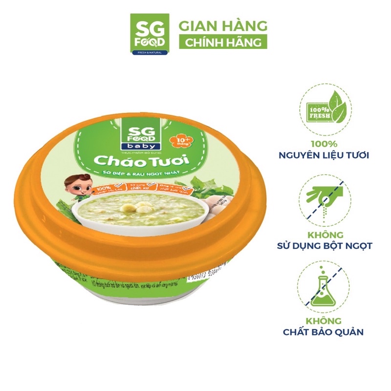 Cháo tươi Baby chén Sg Food 240g cho trẻ từ 10 tháng tuổi trở lên.
