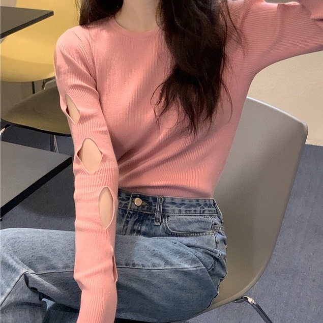 Áo dệt kim ZHELIHANGFEI tay dài khoét lỗ kiểu dáng quyến rũ cho nữ