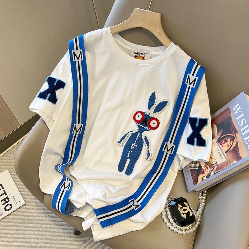 Áo Thun Tay Ngắn Thêu Họa Tiết Hoạt Hình Phối Ruy Băng Thời Trang Mùa Hè Cho Nữ 2022