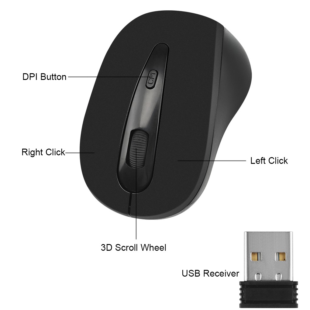 2.4GHz Wireless Mouse 1600DPI Optical Computer Cordless Office Mice with USB Receiver