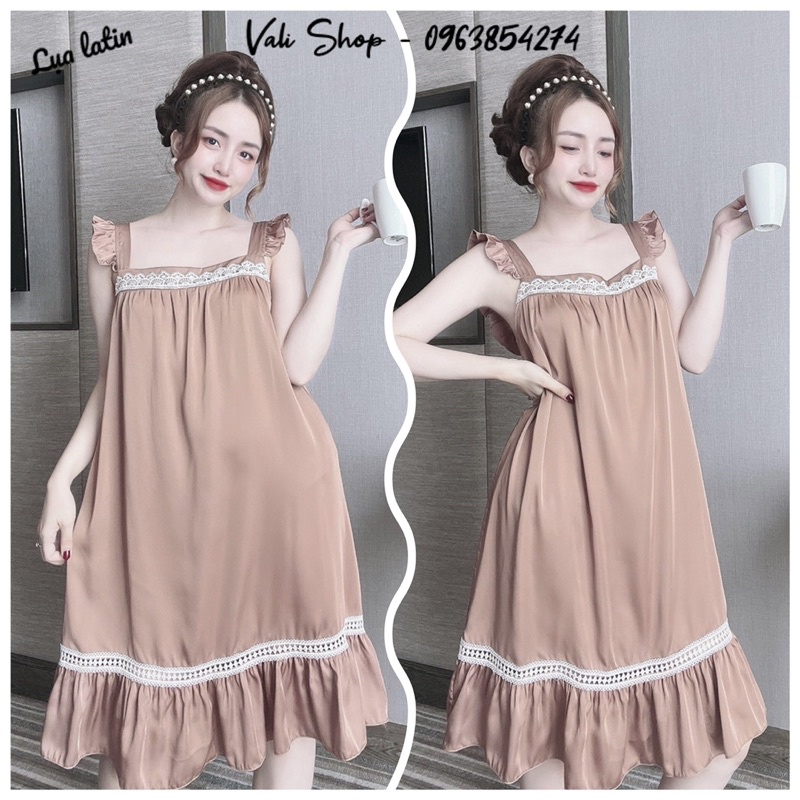 Váy ngủ mặc nhà lụa latin phối ren đuôi cá xoè freesize 42-57kg