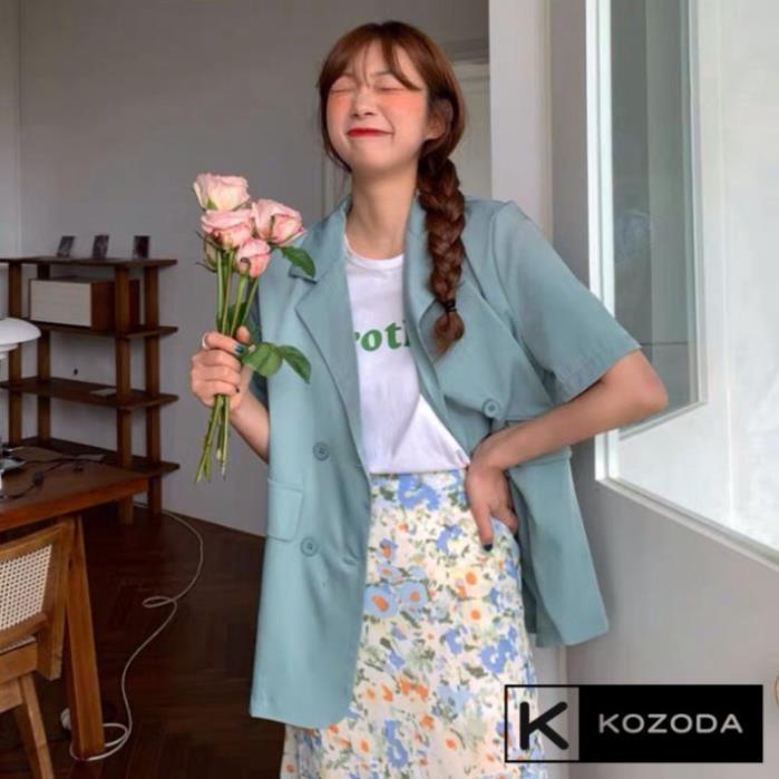 Áo blazer cộc tay túi nắp nữ áo vest khoác ngoài phong cách hàn quốc màu đen trắng xanh tím nâu 1 lớp AK3 nội y xanh | BigBuy360 - bigbuy360.vn