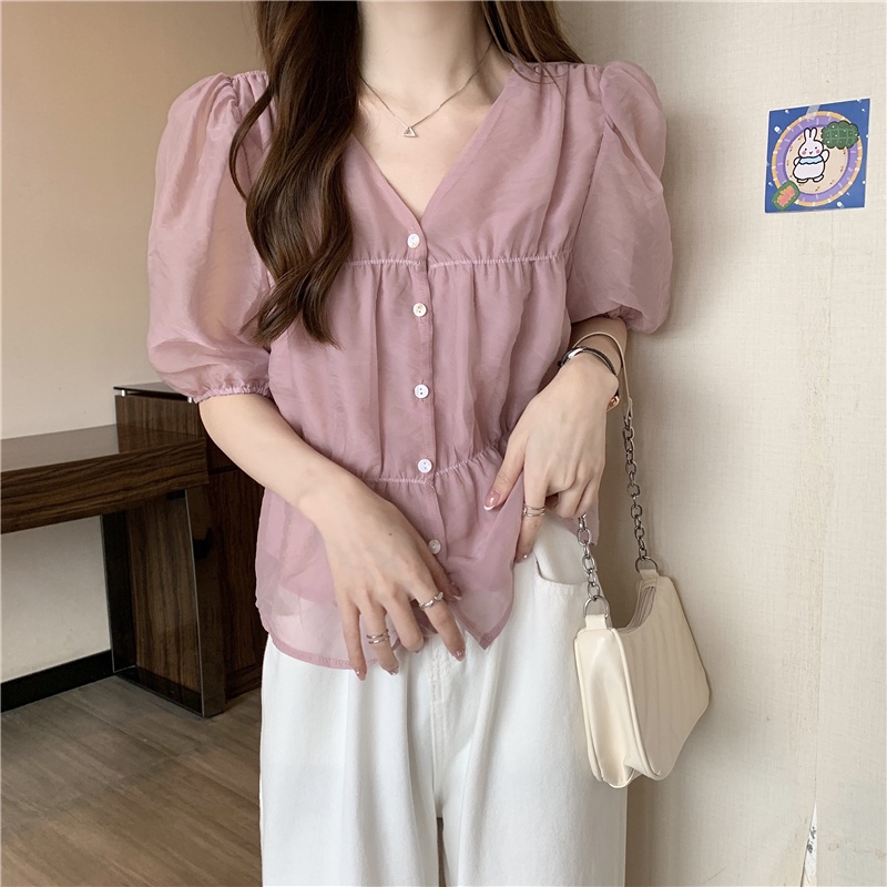 Áo Sơ Mi Ngắn Tay Cổ v Ôm Eo Thời Trang Mùa Hè Phong Cách Phương Tây Mới Cho Nữ