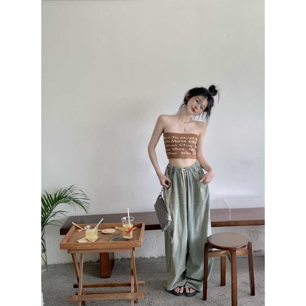 HUANG YOYO Áo croptop 2023 Áo Ống Dệt Kim Không Tay In Chữ Thời Trang Hàn Quốc Quyến Rũ Cho Nữ