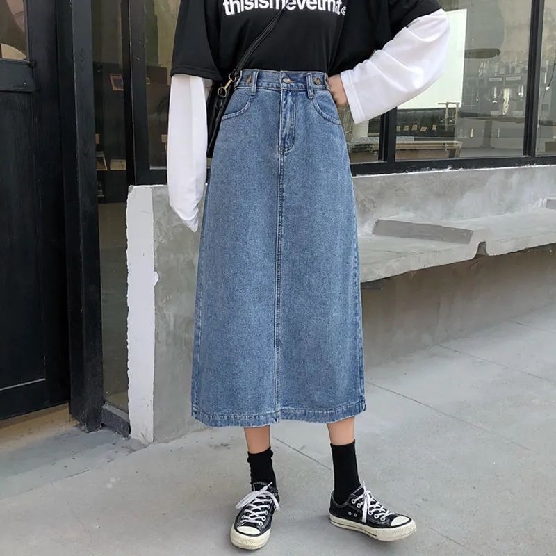 Chân váy chữ A dài vải denim mỏng dễ phối đồ thời trang mùa hè