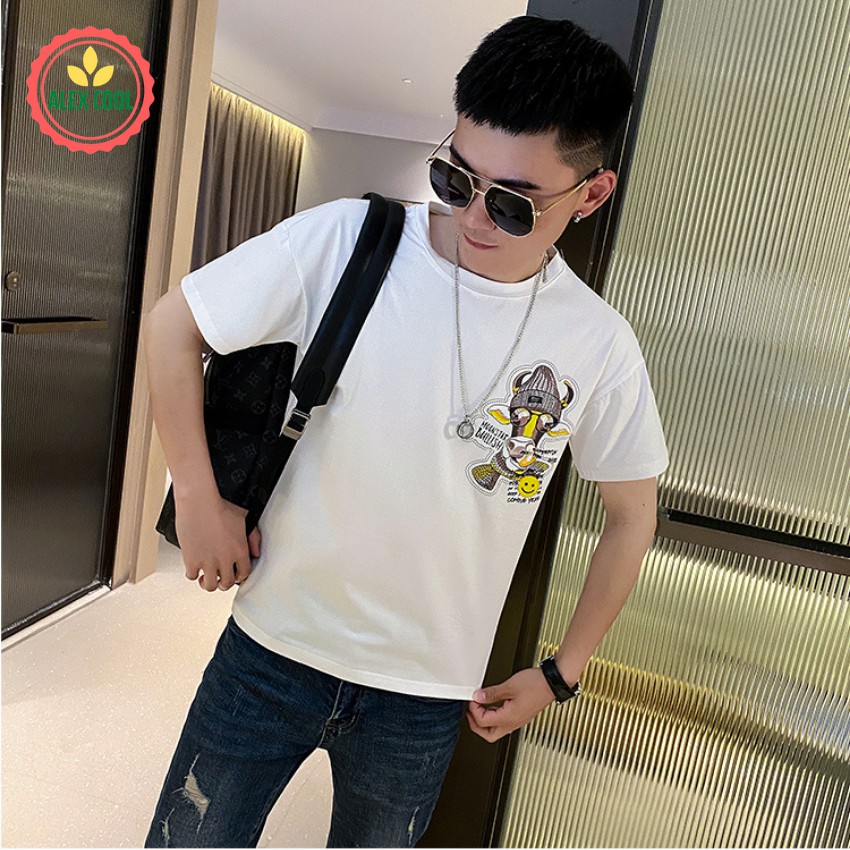Áo thun nam, áo phông nam tay ngắn cổ tròn chất cotton co giãn 4 chiều hình đầu bò vàng alex cool
