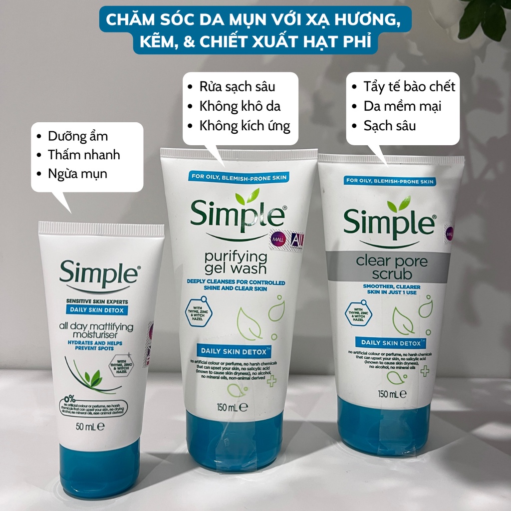 Sữa rửa mặt da dầu, mụn Simple Daily Skin Detox Purifying Facial Wash 150ml (Bill Anh)