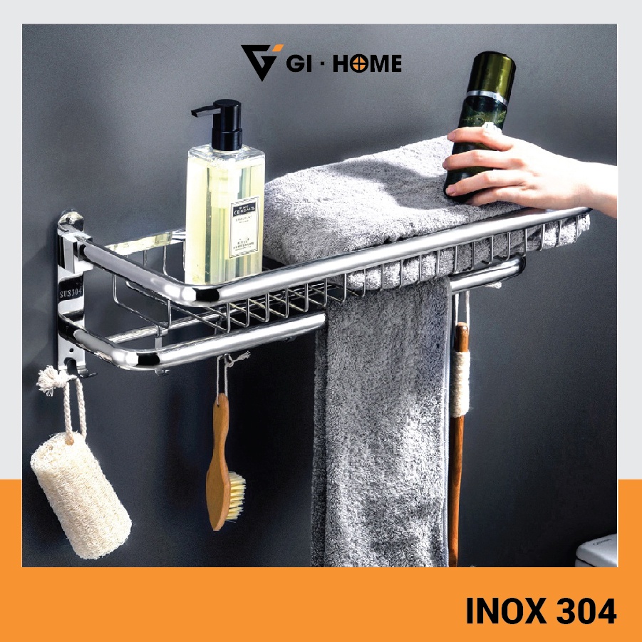 Giá Treo Khăn Nhà Tắm GIHOME Inox 304 Khoan Tường Có Móc Treo Quần Áo Tiện Dụng, Có Thể Gấp Gọn Tiết Kiệm Không Gian