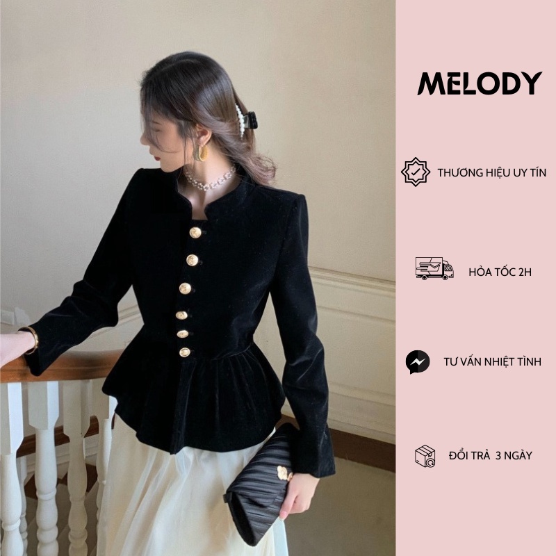 Áo Khoác Nhung Peplum Cổ Tàu Cúc Đồng Tiểu Thư Hàng 2 Lớp Kèm Ảnh Thật