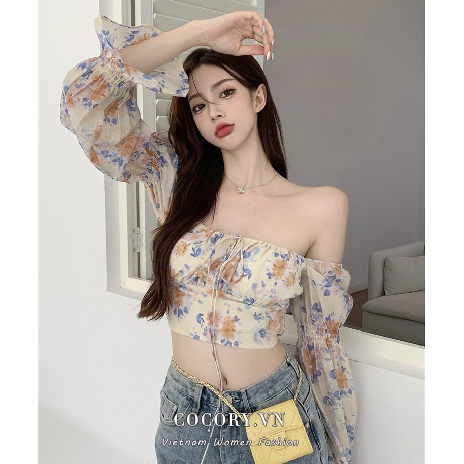 Cocory vn Áo croptop chất chiffon tay dài hoạ tiết hoa phong cách hàn quốc