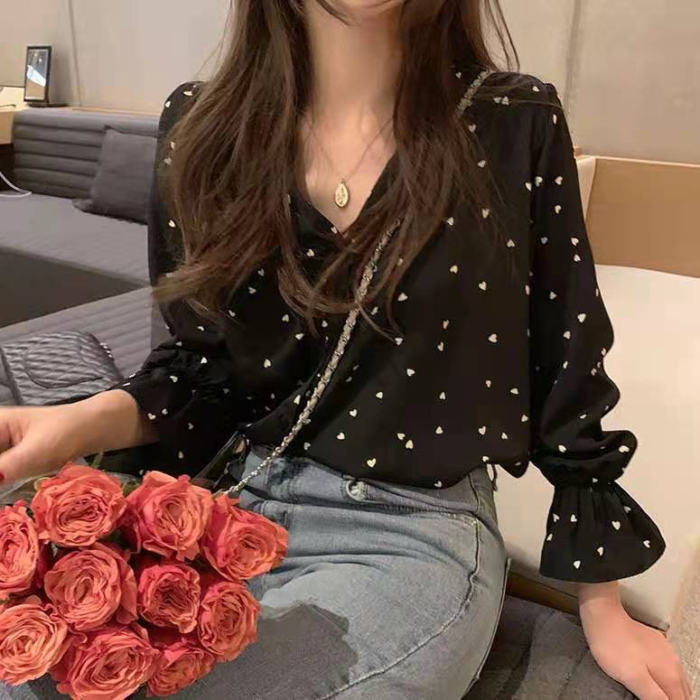 Áo sơ mi nữ kiểu form rộng hoa tiết chấm tim nữ tính phong cách ulzzang Hàn Quốc - Maoshop