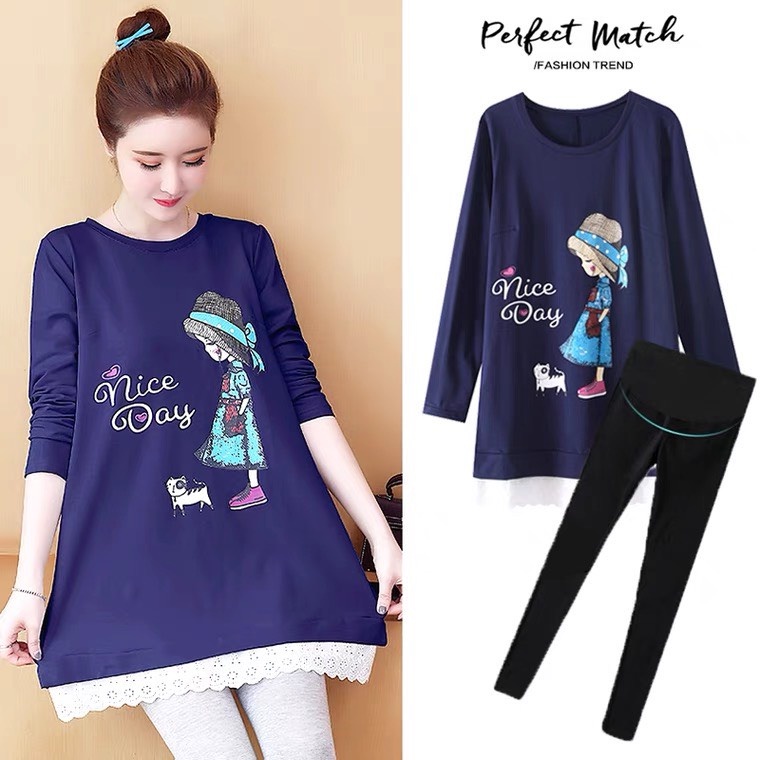 bộ đồ Bầu NighDay phối vạt ren dài tay-chất cotton mềm mịn-trẻ trung cá tính cho mẹ bầu mặc nhà - đi chơi Thoải mái