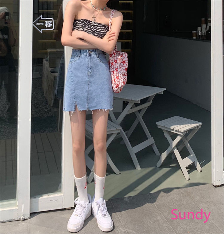 Chân váy jeans chữ A eo cao phối xẻ tà thời trang Hàn Quốc sành điệu trẻ trung