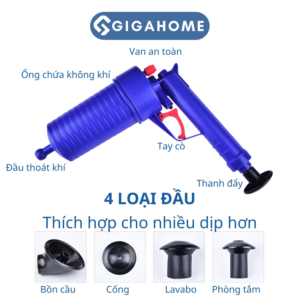 Dụng Cụ Thông Tắc Bồn Cầu, Cống Nước Bằng Khí nén GIGAHOME Kèm 4 Đầu Tiện Dụng 5650