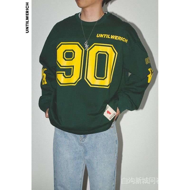Áo Thun Tay Dài Dáng Rộng In Số 90 Hockey Jersey Kiểu Retro Mỹ Thời Trang Mùa Xuân Năng Động