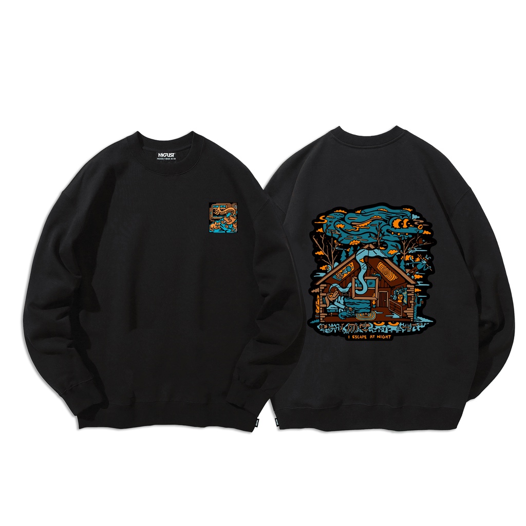 Áo sweater nam nữ local brand NIGUST Escape at Night N208 chất liệu nỉ da cá form rộng màu đen trắng Fullbox