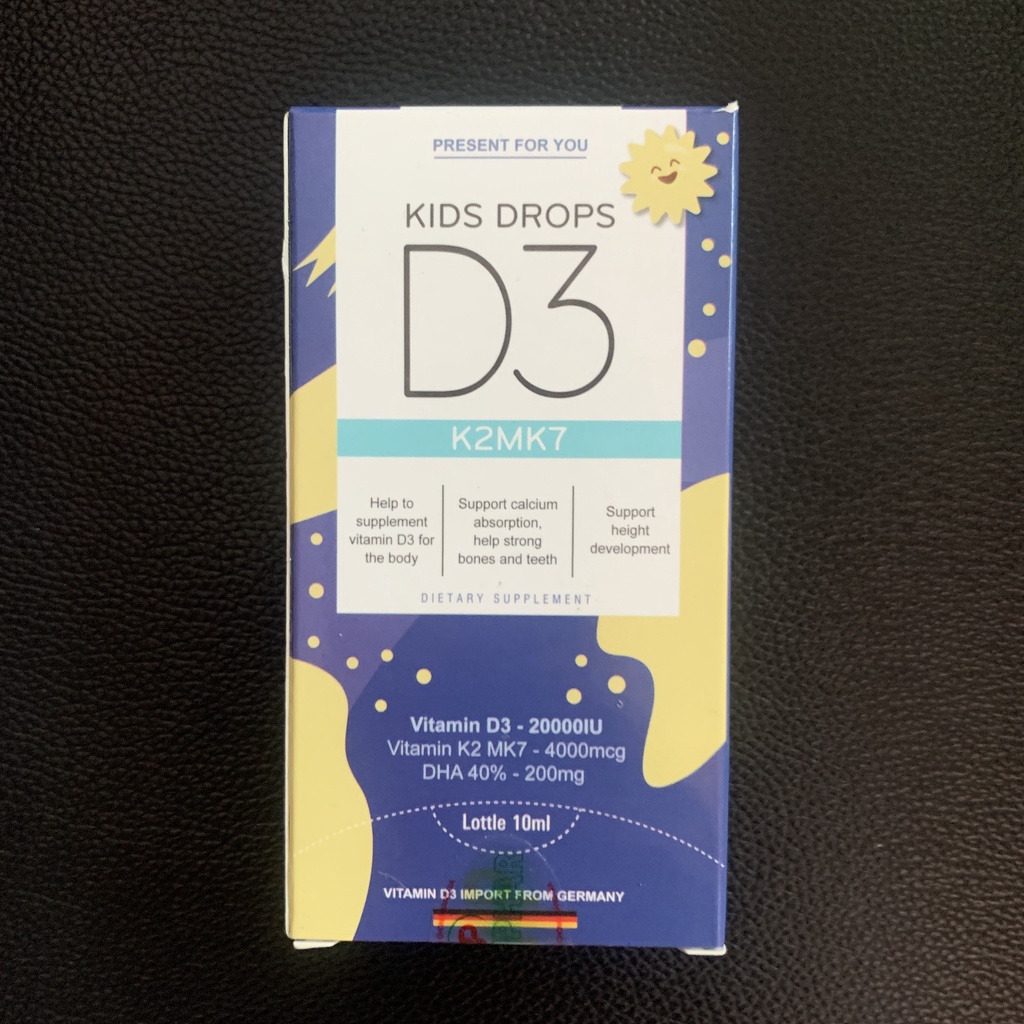 DHA Kids Drops D3 K2MK7 vị dừa 10ml bổ sung DHA, Vitamin D3 và K2 tăng trí thông minh, xương và răng chắc khỏe