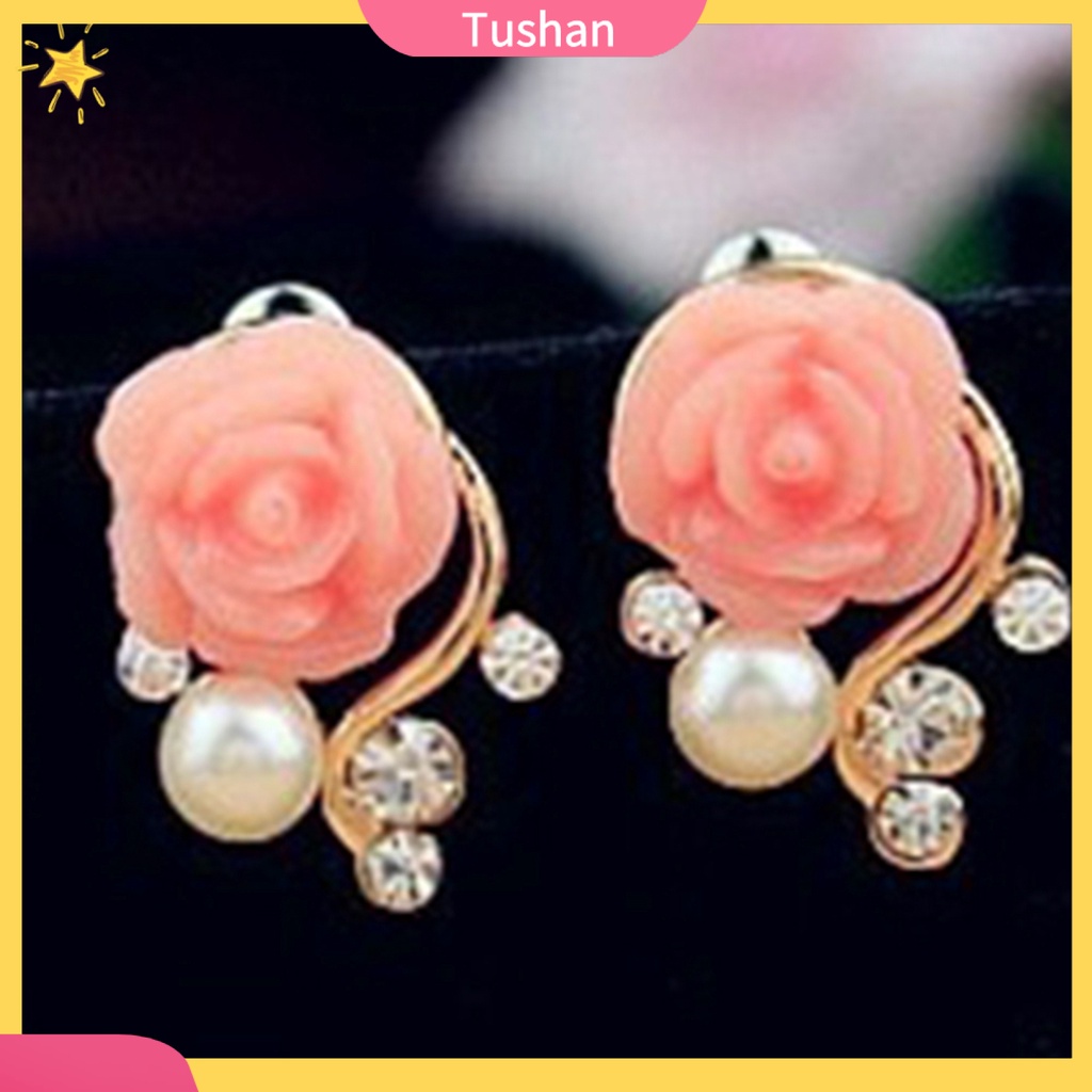 Bông tai hình hoa hồng đính kim cương và ngọc trai giả phong cách Hàn Quốc ngọt ngào cho nữ