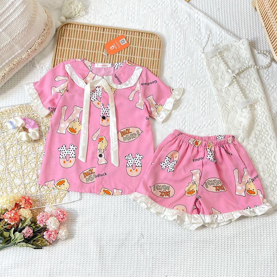 Bộ Đồ Ngủ Pijama Quần Đùi Áo Cộc Tay Cổ Bèo  Từ Lụa Mango Dành Cho Bé Gái - BPN39