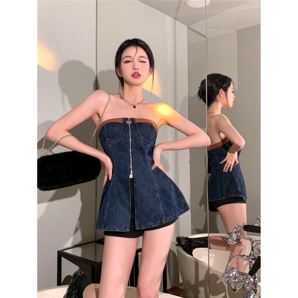 ☁﹍▤Đầm Ống Denim Dáng Chữ a Không Tay Xẻ Tà Quyến Rũ Cho Nữ