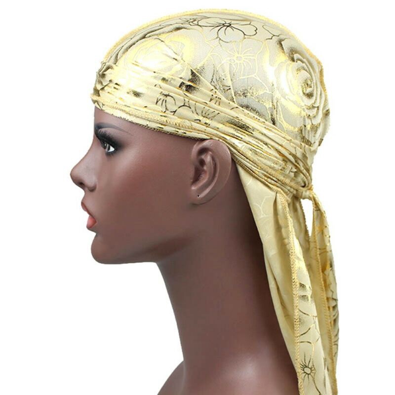 Gold Flower Rose Design Silk Durag Cap Doo rag Scarf Dew rag Wrap Up Luxury