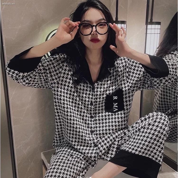 Bộ đồ ngủ nữ tay dài họa tiết caro thanh lịch thời trang thu đông