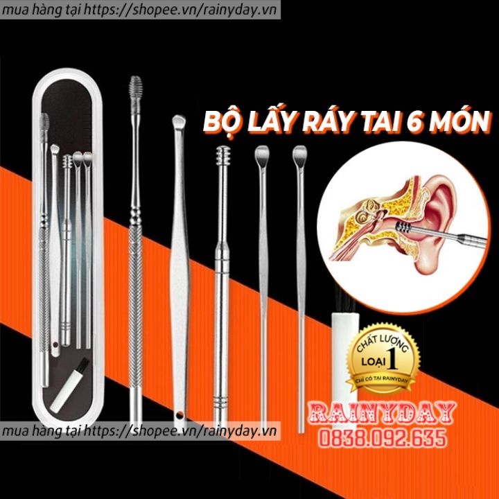 Bộ lấy ráy tai, bộ dụng cụ ngoáy tai 6 món chuyên nghiệp vệ sinh tai cho bé trẻ em bằng inox