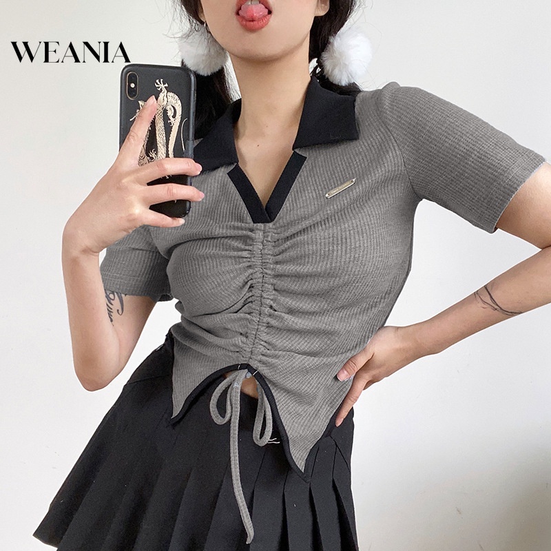 Áo Thun Ngắn Tay Cổ Chữ V Phối Dây Rút Thời Trang Hàn Quốc