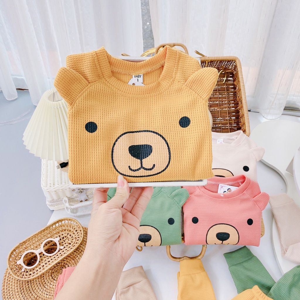 [DT81] Bộ Dài Tay Gấu Bông Có Tai Thật Cho Bé Cực Xinh Chất Vải Cotton Tổ Ong Co Giãn Size Từ 8-16Kg VNXK Nhật-Hàn