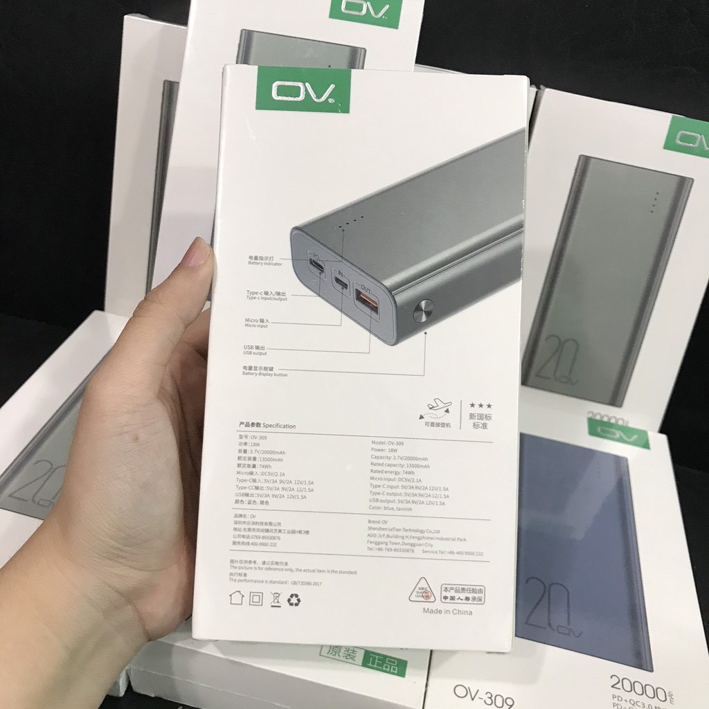 [Mã 155ELSALE giảm 7% đơn 300K] Sạc dự phòng OV-309 20000mah có sạc nhanh PD 18w, QC 3.0