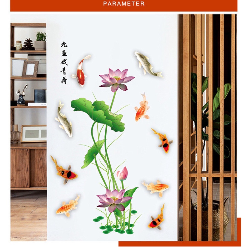 Decal dán tường trang trí - Sen hồng phối đàn cá bơi lội tao nhã