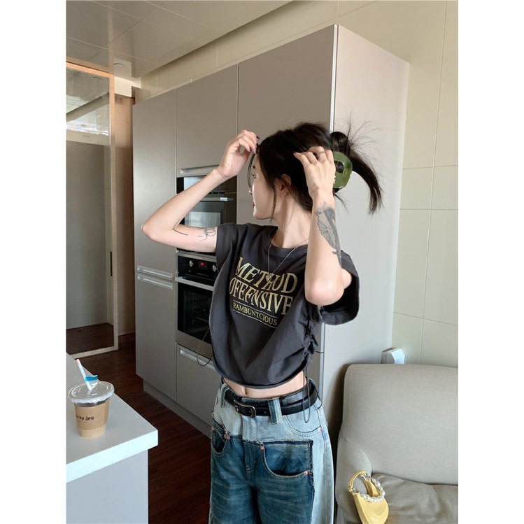 Áo Croptop Sát Nách Dáng Ôm In Chữ Phối Dây Rút Thời Trang Mùa Hè Cho Nữ