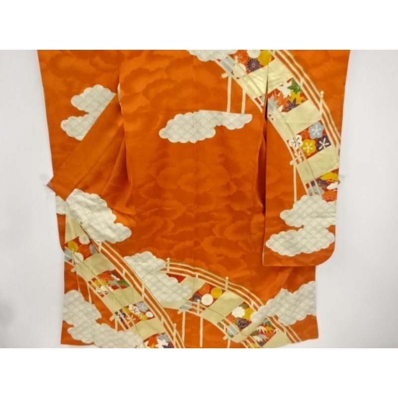 Antique Furisode Kimono Nhật Bản - Bridge and flowers embroidery - Hoa văn phong cảnh
