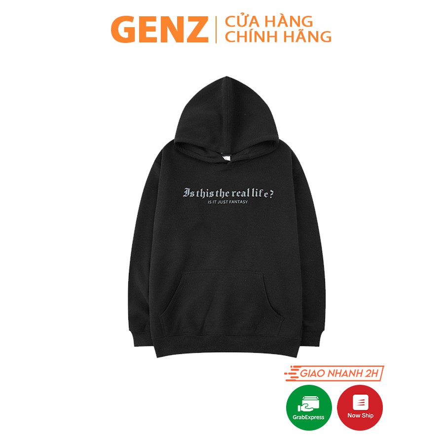 Áo Hoodie GENZ dáng Unisex freesize in chữ IS THIS THE REAL LIFE bản Premium - ĐEN H03