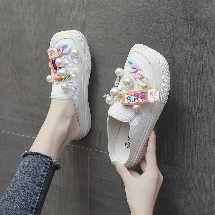 Dép Vải Canvas Đế Bằng Đính Ngọc Trai Dễ Thương | BigBuy360 - bigbuy360.vn
