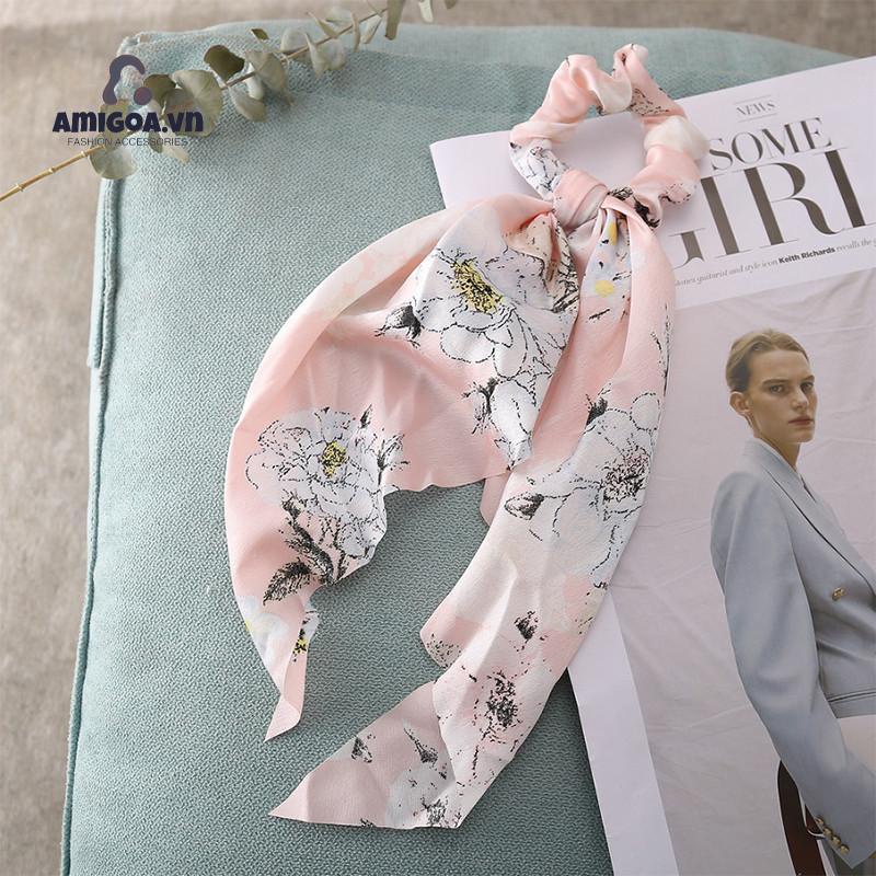 Dây Cột Tóc Cao Su Bản Lớn Thắt Nơ Tam Giác Thắt Dây In Họa Tiết Hoa Cổ Điển