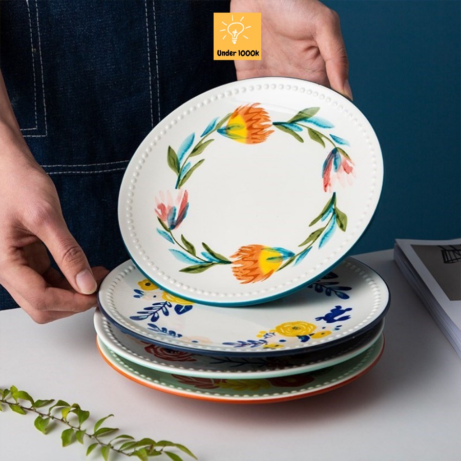 Đĩa sứ - đĩa decor hình tròn họa tiết hoa cỏ Bốn Mùa - phụ kiện bàn ăn đẹp