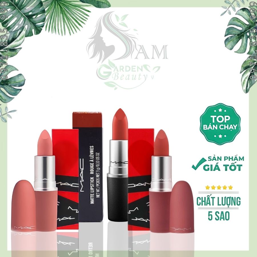Son Mac Limited Powder Kiss Lipstick, Devoted Chili, Mull It Over, Ruby Woo, Son chính hãng full size