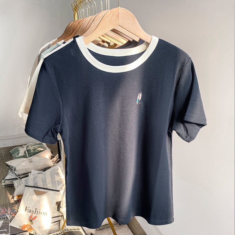 Áo Thun Cotton Tay Ngắn Thêu Họa Tiết Màu Sắc Tương Phản Thời Trang Mùa Hè 52253