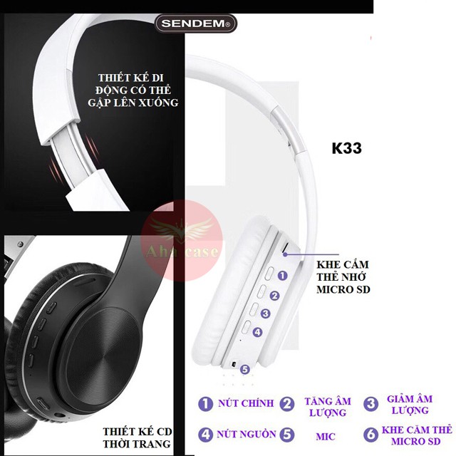 Tai Nghe Bluetooth chụp tai chính hãng Sendem K33, tai nghe không dây thời trang, Có Khe Cắm thẻ Nhớ