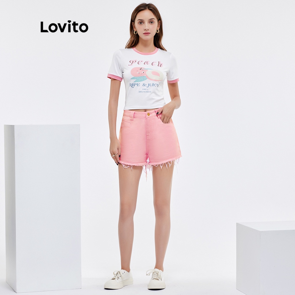 Quần short denim Lovito có túi khóa kéo đơn giản màu trơn L25AD090 (màu hồng)