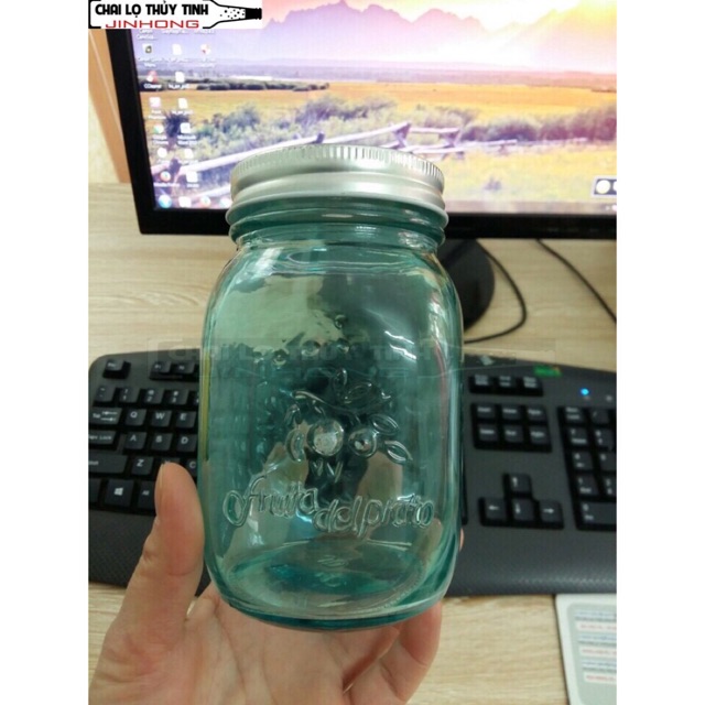 HỦ THUỶ TINH XANH IN HOA  500ml