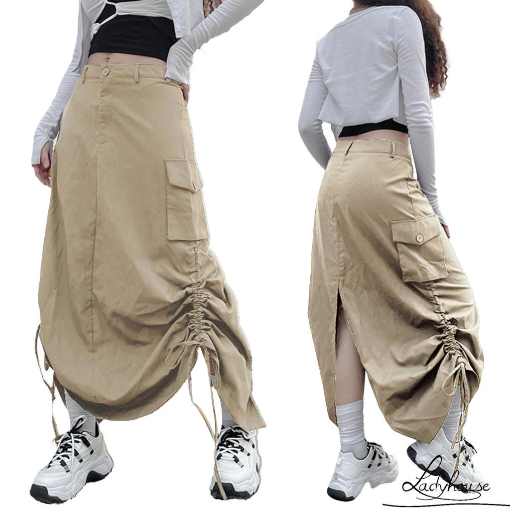 Chân Váy Dài Dáng Rộng Màu Trơn Dây Rút Tùy Chỉnh Thời Trang Mùa Hè Cho Nữ